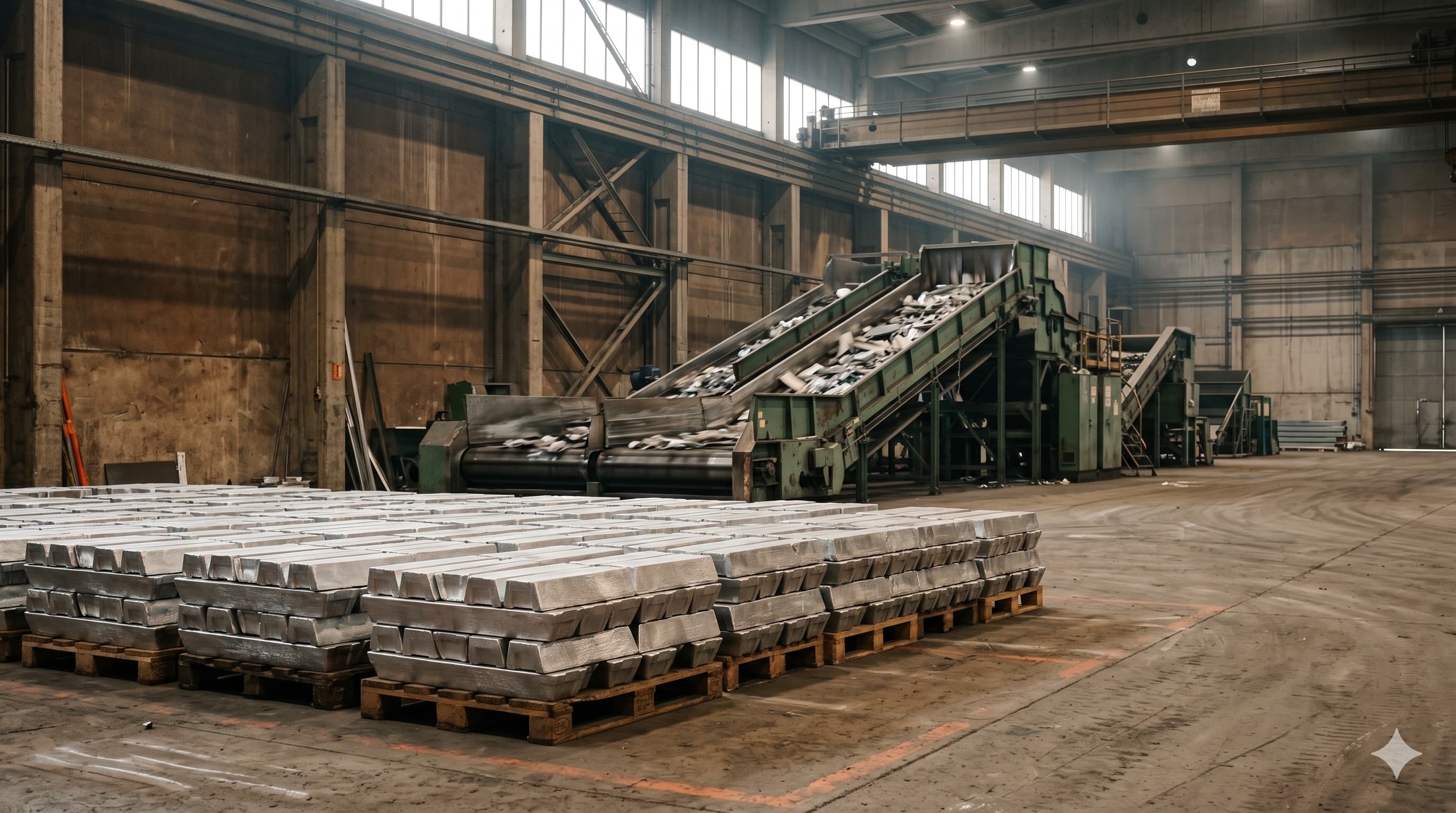 Transparent Metal brand still: Nordic aluminium recycling facility interior with ingots and conveyor